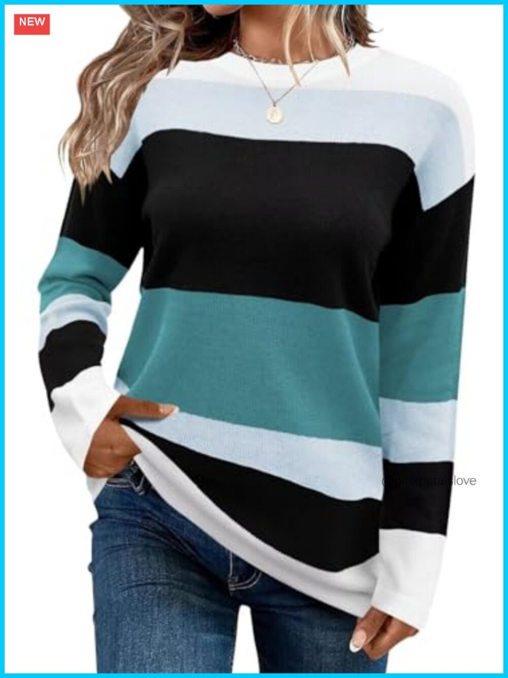 Womens Striped Crew Neck Long Sleeve Sweater Knit Pullover Top